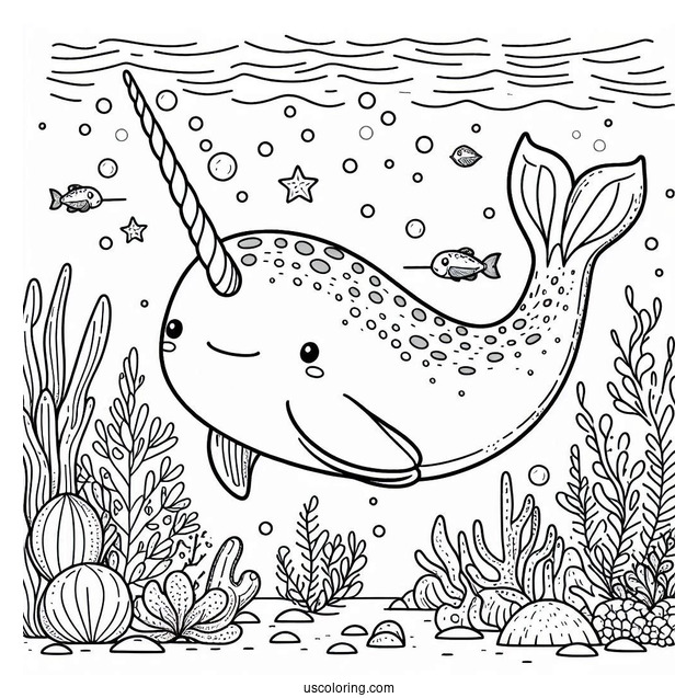 Narwhal Coloring Page Swimming Underwater With Aquatic Life