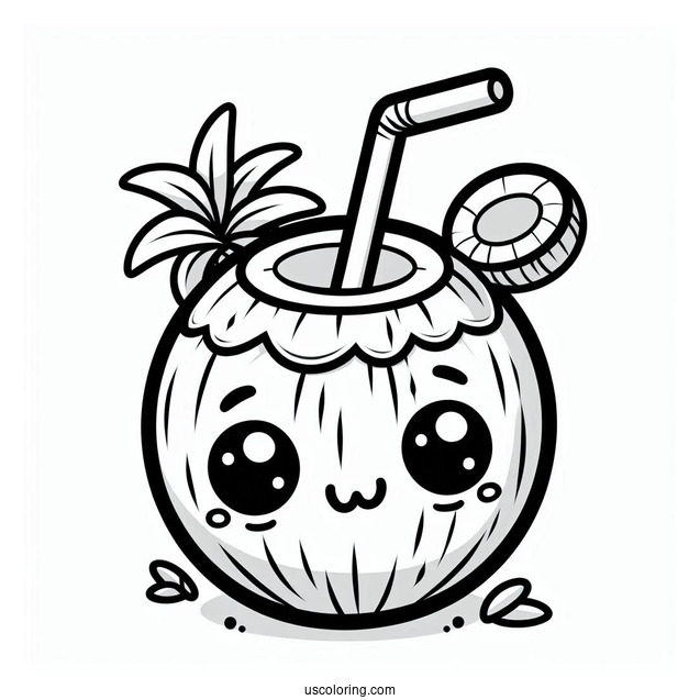 Cartoon Coconut Coloring Page Drink With Straw For Preschoolers