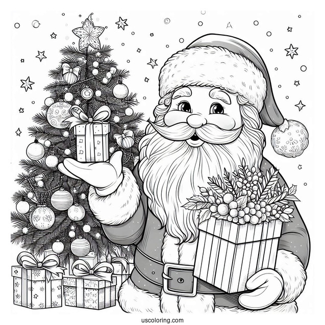 Christmas Coloring Pages For Adults Of Easy Outline Of Realistic Santa Claus Holding Presents Christmas