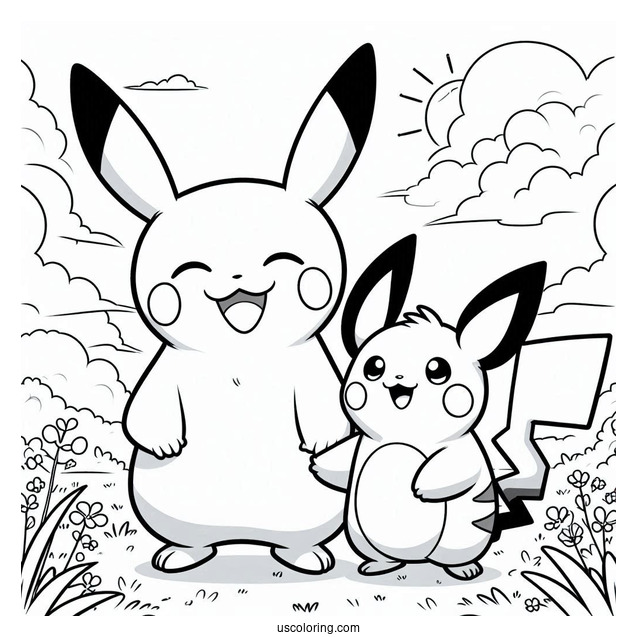 Happy Pikachu And Raichu Coloring Page On A Field