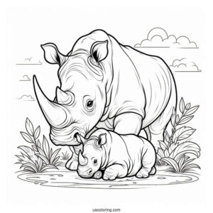 Coloring Page Of New Born Rhino And Mother