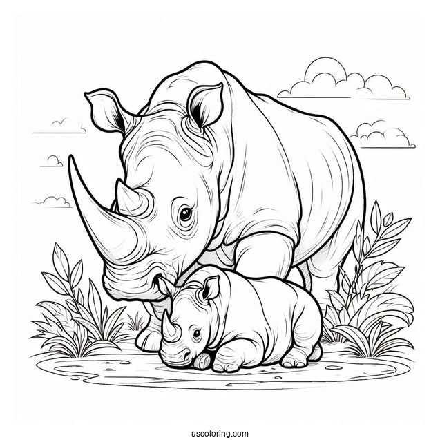 Coloring Page Of New Born Rhino And Mother