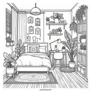 Bedroom Coloring Page Of Tiny Studio Apartment With Bookshelf And Plants