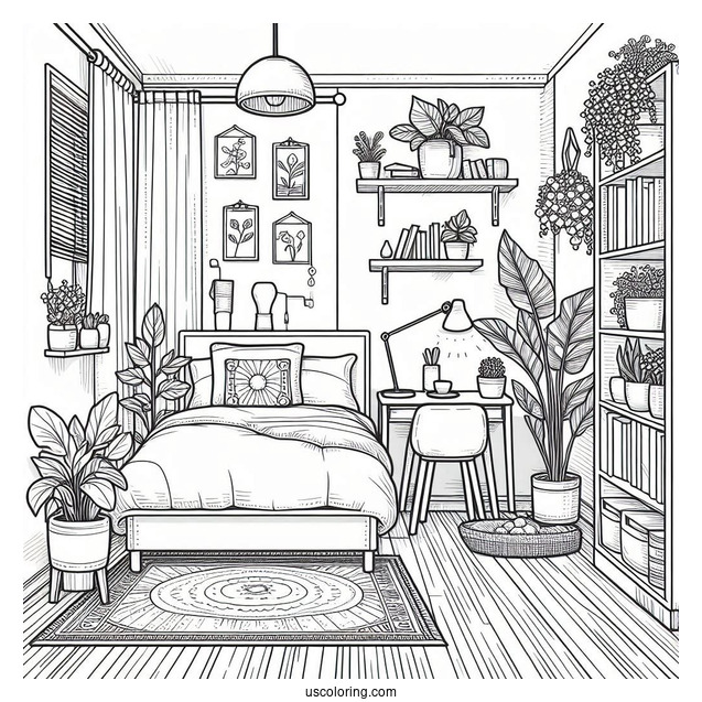 Bedroom Coloring Page Of Tiny Studio Apartment With Bookshelf And Plants