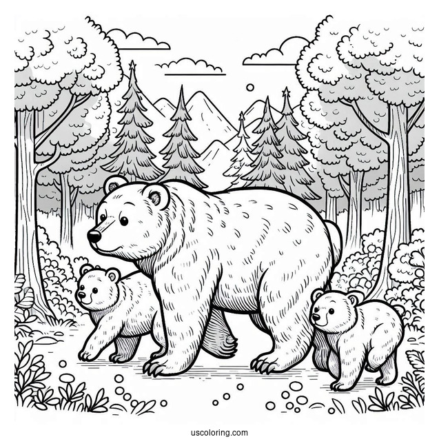 Mama Bear Coloring Page Walking With Her Two Cubs In Forest