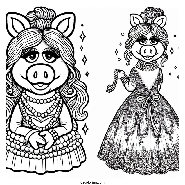 Muppets Coloring Page Of Miss Piggy In Pearls And Dress