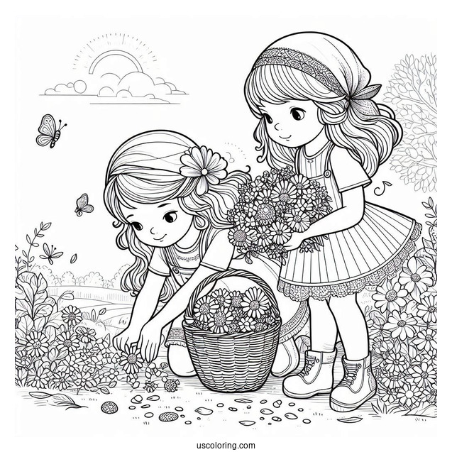 Two Little Girls Harvesting Flowers In Spring Coloring Page For Kids