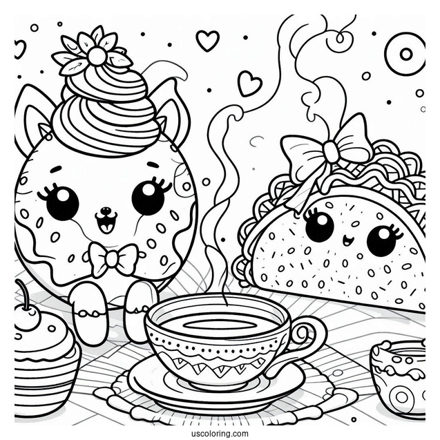 Pretty Donut And Taco Having A Tea Party Coloring Sheet