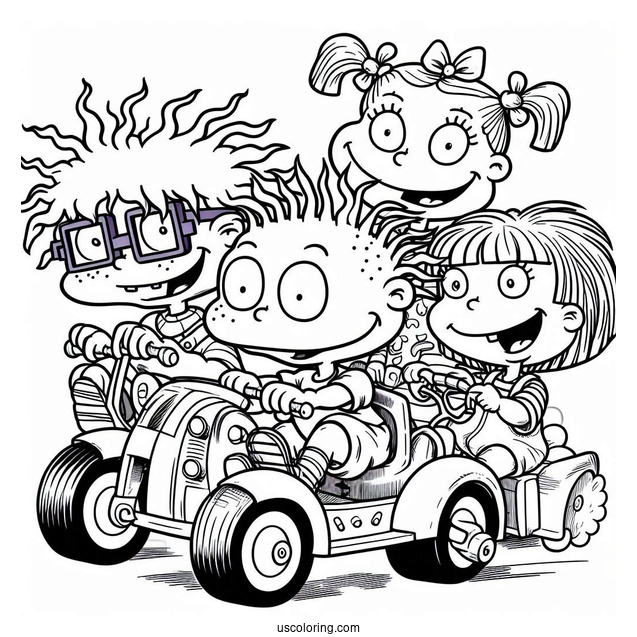 Nickelodeon Coloring Page Of Rugrats Chuckie, Angelica, Lillian And Tommy Riding Machine