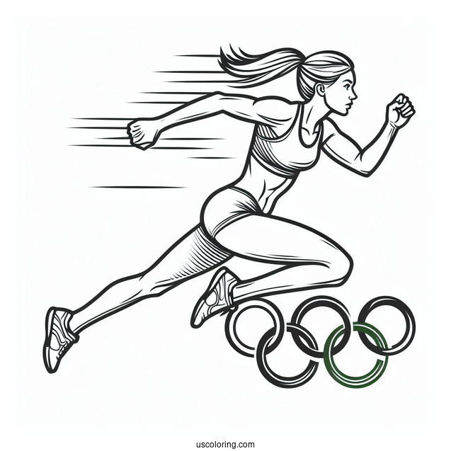 Athlete Running With Olympics Coloring Page Of Logo Above Her