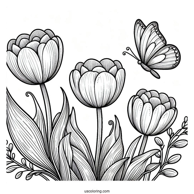 Flower Coloring Pages Of Three Tulips With Butterfly