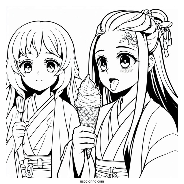 Modern Nezuko Coloring Page And Zenitsu Having Ice Cream