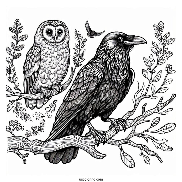 Realistic Raven Coloring Page Perched On A Branch With An Owl