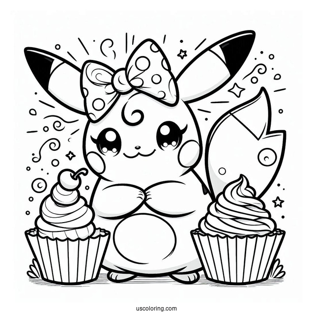 Raichu Coloring Page With Bow And Cupcake For Preschoolers
