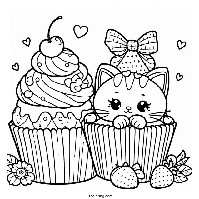 Cat Themed Cupcake To Color For Kids