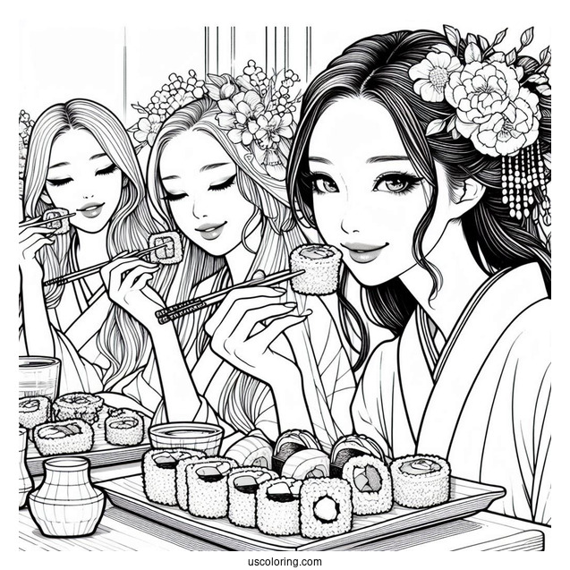 Japanese Women Eating Sushi Coloring Pages