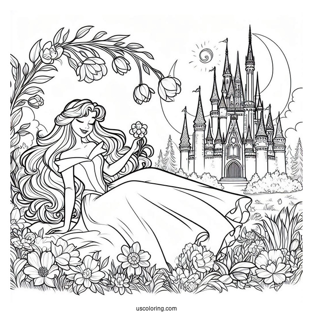Disney Princess Aurora In Spring Coloring Page Garden Outside The Castle