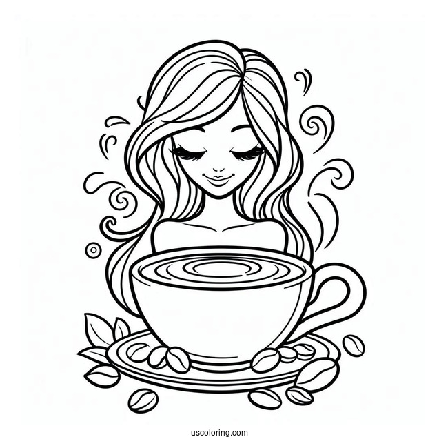 Coffee Coloring Pages Of Cartoon Woman On The Rim Of Coffee Cup