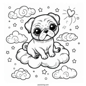 Lovable Pug Coloring Page Puppy Floating in the Clouds