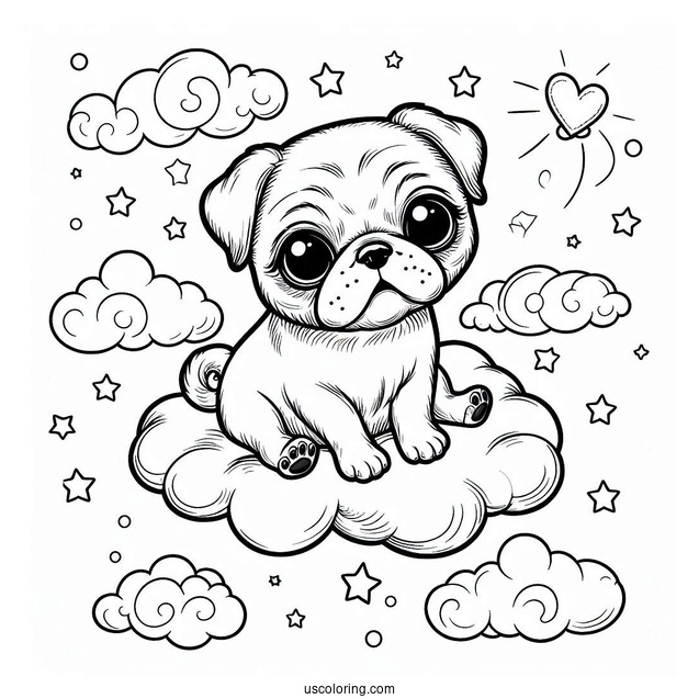 Lovable Pug Coloring Page Puppy Floating in the Clouds