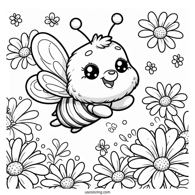Happy Bee Coloring Page Flying Over Daisies