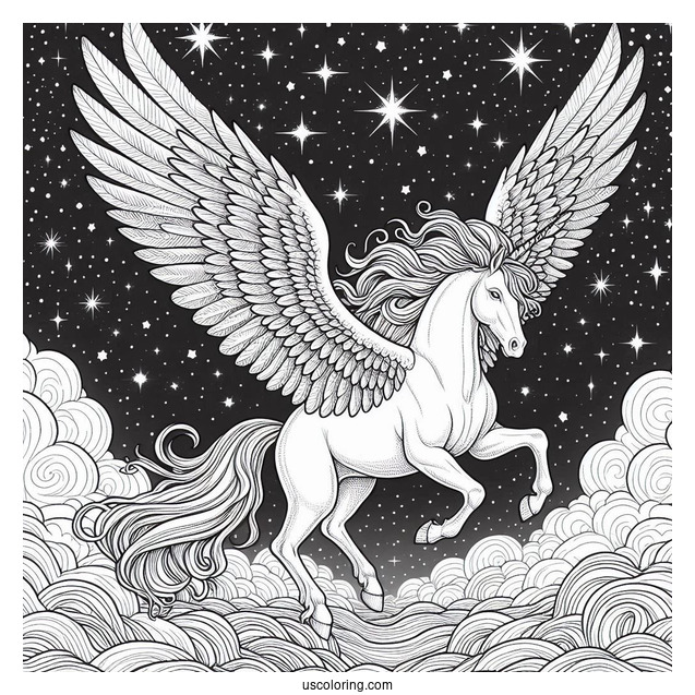 Pegasus Coloring Page With Massive Wings In The Starry Night Sky