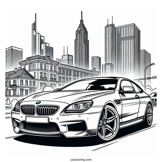M6 BMW Coloring Page In Front Of Buildings