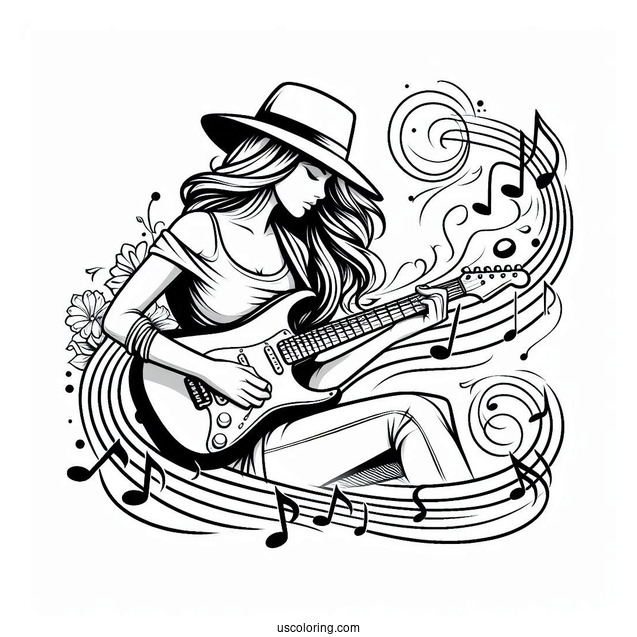 Music Coloring Page Of Woman In Hat Playing Electric Guitar