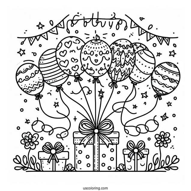 Happy Birthday Balloons Coloring Page