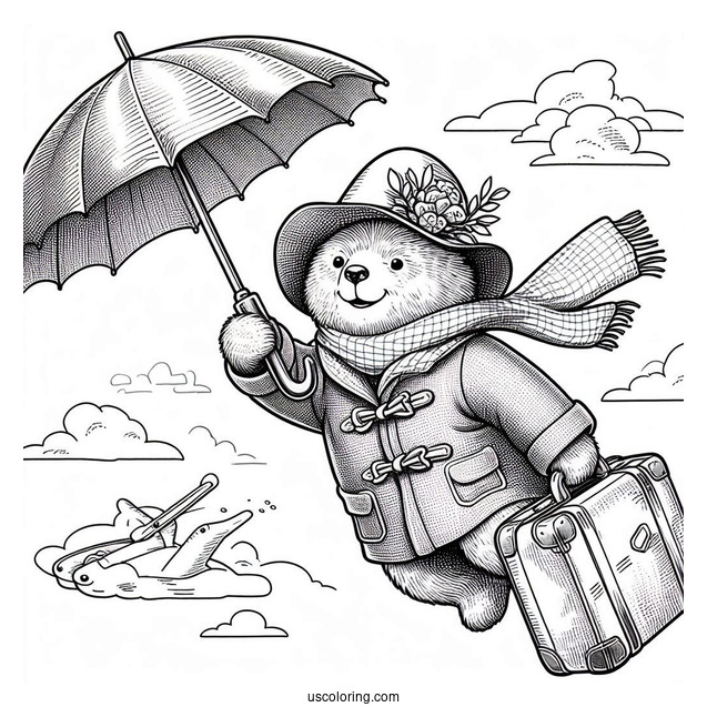 Paddington Coloring Page Flying In The Sky With His Umbrella And Suitcase