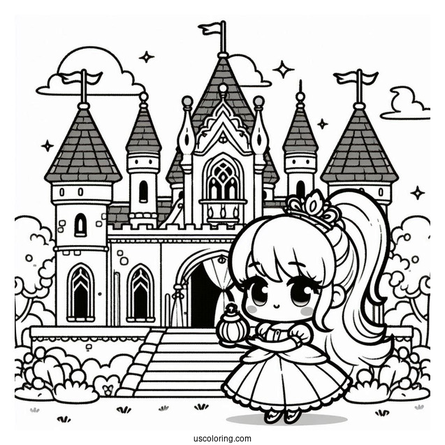 Kawaii Chibi Cinderella Outside Castle Coloring Page For Kids