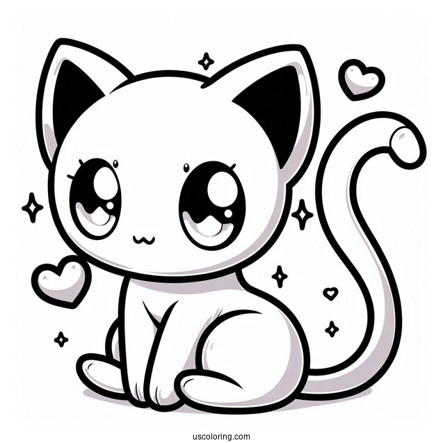 Kawaii Mew Coloring Page With Heart Shaped Tail For Preschoolers