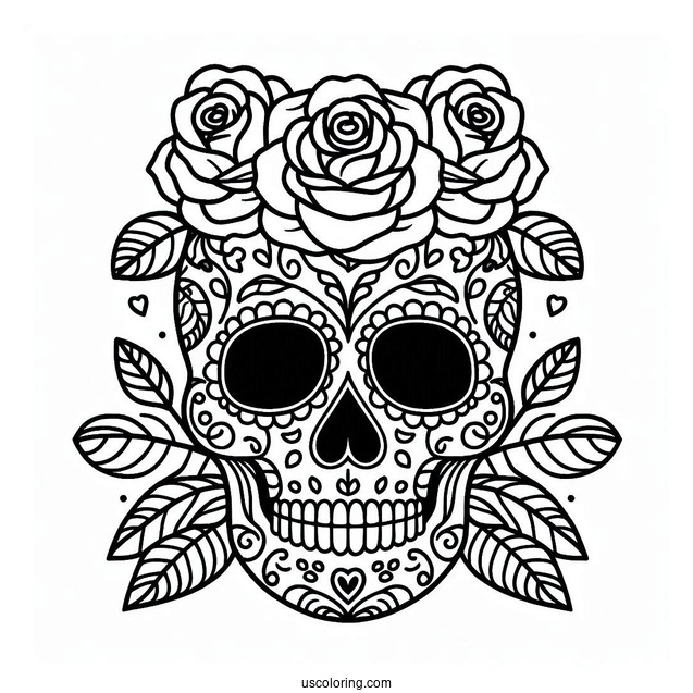 Easy Sugar Skulls Coloring Page Design With Roses On The Head