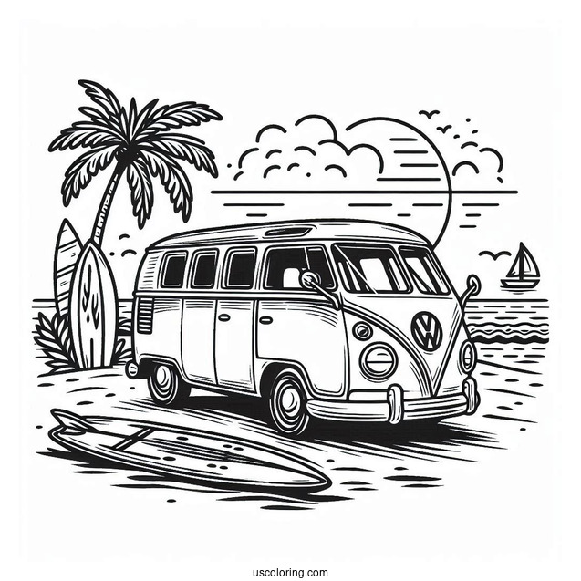 Volkswagen Van With Surfboard Summer Coloring Page