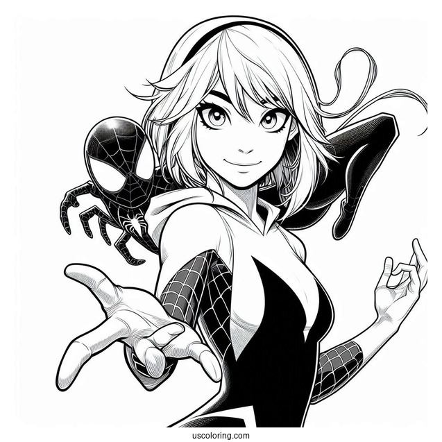 Detailed Spider-Gwen Coloring Page Holding Spider Gwen In Mid Air