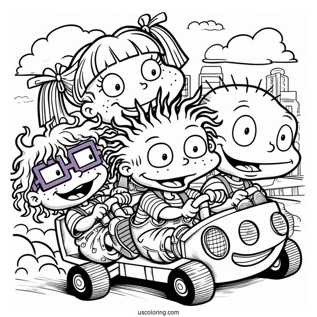 Nickelodeon Coloring Page Of Rugrats Chuckie, Angelica, Lillian And Tommy Riding Machine