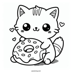 Coloring Sheet Of Cute Cat Eating Donut