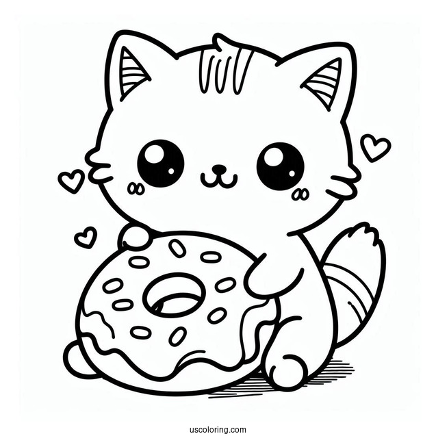 Coloring Sheet Of Cute Cat Eating Donut