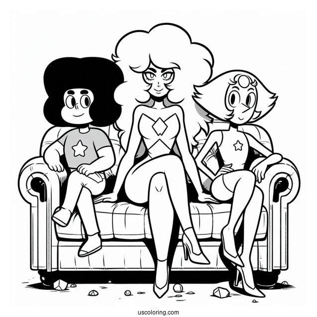 Steven Universe Coloring Page Of Posing On Couch With Amethyst, Pearl, And Garnet