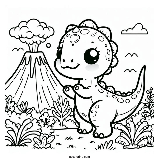 Kawaii Parasaurolophus Coloring Page With Volcano For Preschoolers
