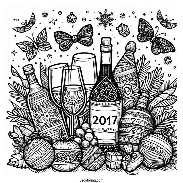 New Year Coloring Page Of Wine Bottle And Glasses