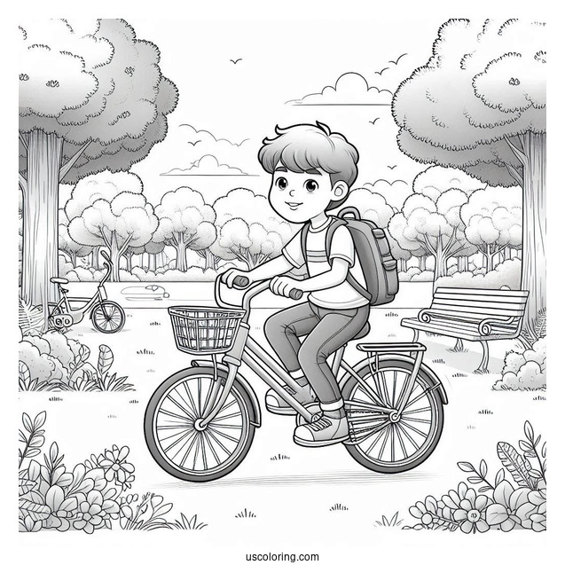 Realistic Little Boy Riding Bicycle Coloring Page In A Park
