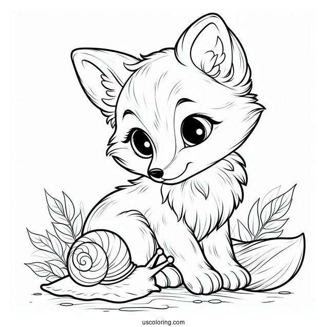 Young Fox Coloring Page Watching A Large Snail On A Leaf