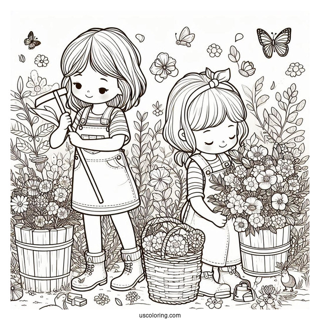 Two Little Girls Harvesting Flowers In Spring Coloring Page For Kids
