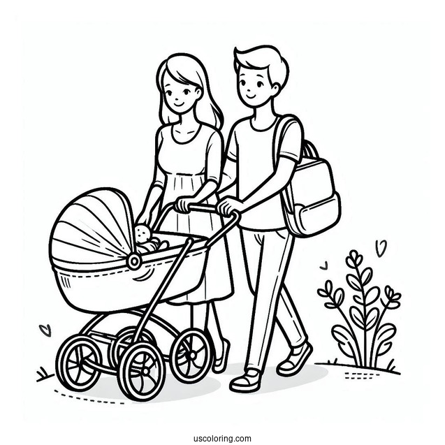 Mother And Father Walking Baby Coloring Page In Stroller