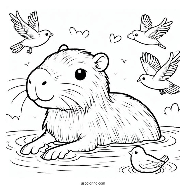 Kawaii Capybara Coloring Page Swimming With Birds For Kids