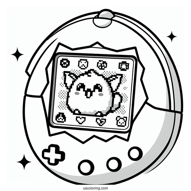 Realistic Tamagotchi Coloring Page Console With Pixelized Pets On The Screen