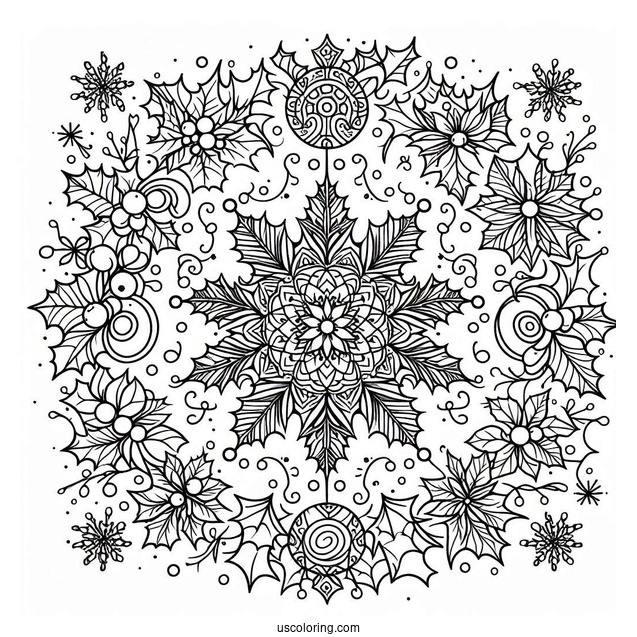Hollies And Mistletoes Christmas Mandala Coloring Page