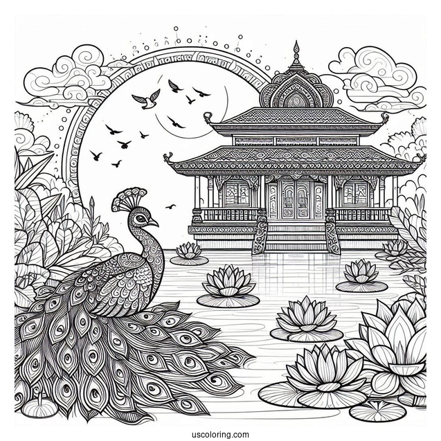 Peacock Coloring Page by Lotus Pond with Temple Background for Adults
