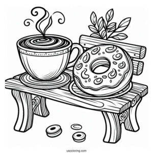 A Mug Of Coffee Sitting With A Donut Coloring Page On A Bench